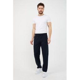 بنطال رياضي رجالي كحلي بقصة مريحة مع تفاصيل تطريز وجيب بسحاب Men's Navy Blue Relaxed Fit Sweatpants with Zipper Pocket & Embroidery Detail