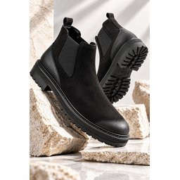 حذاء تشيلسي رجالي Muggo BRAWN جلد طبيعي أسود بنعل سميك Muggo BRAWN Genuine Leather Distressed Toe Elastic Thick Sole Men's Chelsea Boot - Black