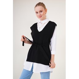 15760 سويتر تريكو بحزام - أسود 15760 Belted Knit Sweater - Black