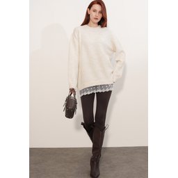كنزة نسائية تريكو فضفاضة بتفاصيل تول 15968 - كريم Women's Oversize Knit Sweater with Tulle Detail 15968 - Cream