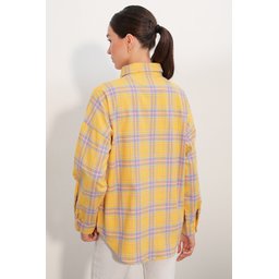 قميص نسائي 3854 كاروهات بجيبين - خردلي 3854 Women's Plaid Double Pocket Oversize Shirt - Mustard