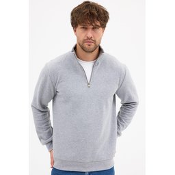 سويتشيرت رجالي رمادي بياقة قائمة وسحاب نصفي، قصة عادية من القطن المخلوط Men's Grey Standard Fit Cotton Blend Half-Zip Stand-Up Collar Sweatshirt