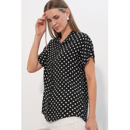 3711 قميص نسائي منقط بنصف كم - أسود 3711 Women's Polka Dot Half Sleeve Shirt - A.Siyah