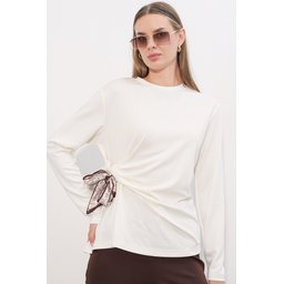 بلوزة نسائية بيضاء بأكمام طويلة وتفاصيل وشاح 40000 Women's Long Sleeve Blouse with Scarf Detail 40000 - White