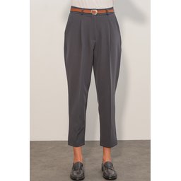 بنطلون قماش نسائي بحزام 30136 - أنثراسيت Women's Belted Fabric Trousers 30136 - Anthracite