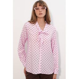 بلوزة نسائية منقطة بياقة وشاح 40007 - وردي Women's Polka Dot Scarf Collar Blouse 40007 - Pink