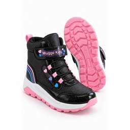 حذاء شتوي بناتي Muggo HUGGİE وردي بلمعة وقلب، لاصق ورباط Muggo HUGGİE Girls' Winter Boots - Glitter, Heart Detail, Velcro & Lace-up - Powder Pink