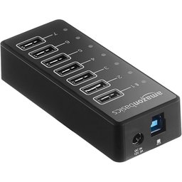 موزع منافذ أمازون بيسكس USB 3.1 بعدد 7 منافذ USB-A وسرعة نقل 5Gbps مع محول طاقة خارجي بقدرة 36 واط Amazon Basics USB-A 3.1 7-Port Powered USB Hub with 36W (12V/3A) Power Adapter – Black, EU