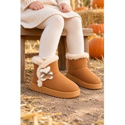 Muggo TOFFE حذاء بوت شتوي بناتي مبطن بالفرو مع فيونكة - توباكو Muggo TOFFE Girls' Winter Fur-Lined Boots with Bow Detail - Tobacco
