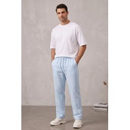 بنطال كتان رجالي مريح 30118 - أزرق Men's Comfortable Linen Trousers 30118 - Blue