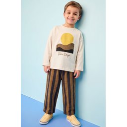 طقم أطفال واسع مطبوع مخطط إكرو وأخضر - 2-10 سنوات Kids' Wide Fit Printed Striped Set - Ecru Green - 2-10 Years