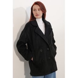 9143 معطف نسائي أسود بياقة متقاطعة من الكاشيه 9143 Women's Black Crossover Collar Cachet Coat
