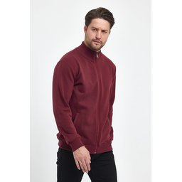 جاكيت رجالي بورجوندي بسحاب وياقة قائمة وجيوب جانبية مبطن بالقطن Men's Burgundy Cotton-Lined Zippered Stand-Collar Cardigan with Side Pockets