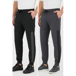 بنطال رياضي رجالي جوغر مريح قطعتين أسود-فحمي بقصة عادية وخصر مطاطي Men's Black-Anthracite Standard Fit Jogger Sweatpants 2-Pack with Ribbed Cuffs and Pockets