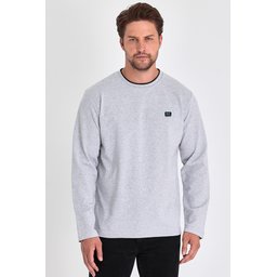 سويت شيرت رجالي رمادي بقبة دائرية مزدوجة وتفاصيل طباعة Men's Grey Double Crew Neck Sweatshirt with Print Detail