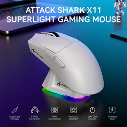 ماوس ألعاب أتاك شارك X11 لاسلكي ثلاثي الاتصال مع قاعدة شحن مغناطيسية وإضاءة RGB ATTACK SHARK X11 Tri-Mode Wireless Gaming Mouse with Magnetic Charging Dock