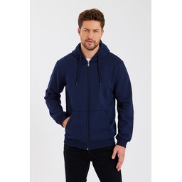 METALIC سترة رجالية بغطاء رأس وسحاب، جيب كنغر، مبطنة بالقطن - كحلي METALIC Men's Navy Hooded Zipper Cardigan with Kangaroo Pocket, Cotton Lined