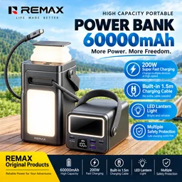 باور بانك ريماكس بسعة 60000 مللي أمبير وقوة 200 واط مع كابل تايب سي سحاب وكشاف LED Remax 60000mAh 200W Power Bank with Dual 100W USB-C & Retractable Cable