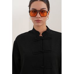 طقم نسائي قطعتين قميص وبنطلون كتان فضفاض 30126 - أسود Women's Oversize Linen Shirt and Pants Two-Piece Set 30126 - Black