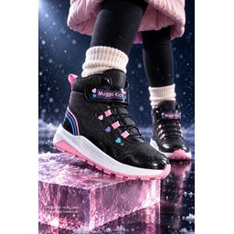 حذاء شتوي بناتي Muggo HUGGİE وردي بلمعة وقلب، لاصق ورباط Muggo HUGGİE Girls' Winter Boots - Glitter, Heart Detail, Velcro & Lace-up - Powder Pink