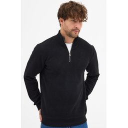 سويتشيرت رجالي أسود بياقة قائمة ونصف سحاب، قصة عادية من القطن المخلوط Men's Black Standard Fit Cotton Blend Half-Zip Stand-Up Collar Sweatshirt