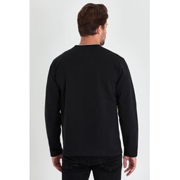 سويت شيرت رجالي أسود بياقة دائرية مزدوجة وتفاصيل طباعة، قصة مريحة Men's Black Double Crew Neck Printed Detail Standard Relaxed Fit Sweatshirt