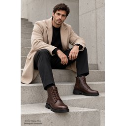 Muggo DİARA حذاء بوت رجالي شتوي يومي جلد طبيعي برباط وسحاب - بني Muggo DİARA Men's Genuine Leather Lace-Up & Zipper Winter Daily Boots - Brown