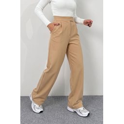 بنطلون بالازو نسائي MTLCB110 بخصر عالٍ بيج بجيوب وإغلاق لاصق Women's High-Waist Beige Palazzo Trousers MTLCB110 with Pockets and Hook-and-Loop Closure