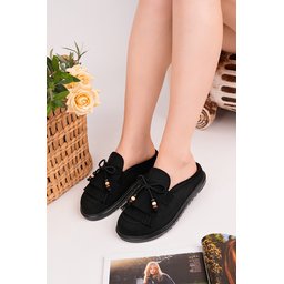 Muggo FRİNGE حذاء لوفر نسائي مريح من الجلد السويدي بتفاصيل فيونكة وشرابة - أسود Muggo FRİNGE Women's Suede Leather Bow Detail Tassel Loafer Slippers - Black