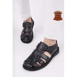 صندل Muggo Edinburg رجالي جلدي مريح طبي يومي - أسود Muggo Edinburg Men's Genuine Leather Orthopedic Daily Comfort Sandals - Black