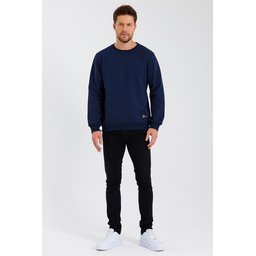 سويتشيرت رجالي بياقة دائرية وتفاصيل ملصق، مبطن بالقطن - كحلي Men's Crew Neck Cotton Lined Sweatshirt with Label Detail - NAVY