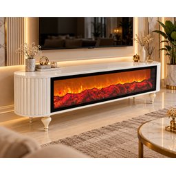 ميز شاشة تركي باللون الأبيض اللؤلؤي Turkish Luxury Pearl White TV Stand with 3D Decorative Flame Lighting