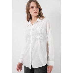 قميص نسائي كتان واسع 20338 - أبيض Women's Oversize Linen Shirt 20338 - White
