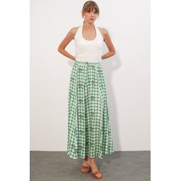تنورة نسائية طويلة بنقشة مربعات - أخضر - 8065 Women's Long Plaid Skirt 8065 - Green