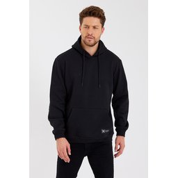 سويت شيرت رجالي أسود بغطاء رأس وجيب كانجارو - مبطن بالقطن Men's Black Hooded Sweatshirt with Kangaroo Pocket - Cotton Lined