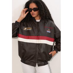 جاكيت بومبر 0698 من الجلد الصناعي المطبوع - بني 0698 Printed Faux Leather Bomber Jacket - Brown