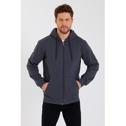 METALIC سترة رجالية بغطاء رأس وسحاب، بجيوب كانجارو، مبطنة بالقطن - أنثراسيت METALIC Men's Hooded Zipper Cardigan with Kangaroo Pockets, Cotton Lined - Anthracite