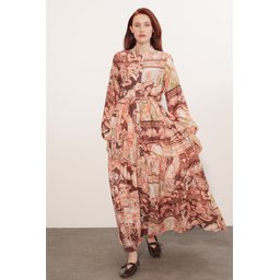 فستان نسائي طويل محتشم بنقشة 2586 - بودرة Women's Patterned Long Modest Dress 2586 - Powder