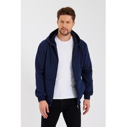 METALIC سترة رجالية بغطاء رأس وسحاب، جيب كنغر، مبطنة بالقطن - كحلي METALIC Men's Navy Hooded Zipper Cardigan with Kangaroo Pocket, Cotton Lined