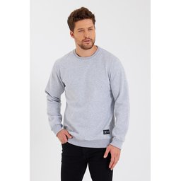 سويت شيرت رجالي بياقة دائرية وتفاصيل ملصق داخلي مبطن بالقطن - رمادي Men's Crew Neck Sweatshirt with Label Detail, Cotton Lined - Grey