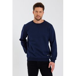 سويتشيرت رجالي بياقة دائرية وتفاصيل ملصق، مبطن بالقطن - كحلي Men's Crew Neck Cotton Lined Sweatshirt with Label Detail - NAVY