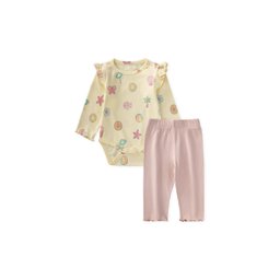 طقم سالوبيت أطفال مزخرف بكشكشة - أصفر (0-2 سنة) Patterned Ruffled Baby Bodysuit Set - Yellow (0-2 Years)