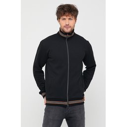 جاكيت كارديجان رجالي أسود بياقة قائمة وسحاب، بقصة عادية وأكمام طويلة Men's Black Regular Fit Stand-Up Collar Zippered Long Sleeve Cardigan