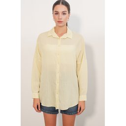 قميص نسائي فضفاض مخطط 20407 - أصفر Women's Striped Oversize Shirt 20407 - Yellow
