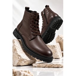 Muggo DİARA حذاء بوت رجالي شتوي يومي جلد طبيعي برباط وسحاب - بني Muggo DİARA Men's Genuine Leather Lace-Up & Zipper Winter Daily Boots - Brown