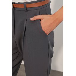 بنطلون قماش نسائي بحزام 30136 - أنثراسيت Women's Belted Fabric Trousers 30136 - Anthracite
