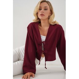 كيمونو كتان برباط أمامي 960 - خمري Front Tie Linen Kimono 960 - Burgundy