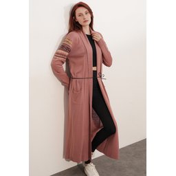 جاكيت تريكو طويل 15690 - لون وردي مجفف 15690 Long Knit Cardigan - Dried Rose