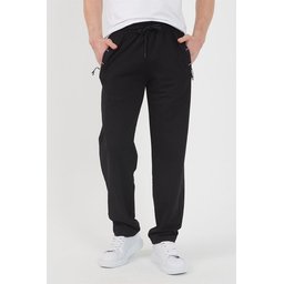 بنطلون رياضي رجالي أسود بقصة مريحة مع جيوب بسحاب وتطريز Men's Black Regular Fit Sweatpants with Zipper Pockets and Embroidery Detail