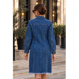فستان جينز نسائي بأكمام طويلة 0614 - أزرق داكن Women's Long Sleeve Denim Dress 0614 - Dark Blue